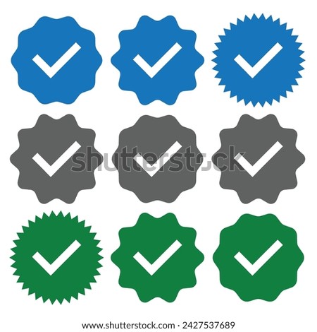 Check mark icons. Profile verification check marks icon. Approved symbol. Verified account badge. Quality and accept signs. Vector illustration.