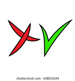 Check mark icons. Red and green color black stroke. Vector