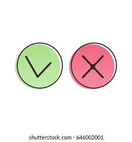 Check mark icons in retro poster style. Green tick and red cross checkmarks. Vector illustration isolated on white background.
