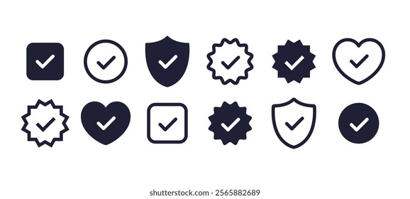 Check mark icons, security shield checkmark, heart love check icon, vector symbols with check mark. Official line and filled check mark icons. Vector illustration