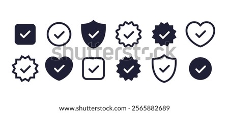 Check mark icons, security shield checkmark, heart love check icon, vector symbols with check mark. Official line and filled check mark icons. Vector illustration