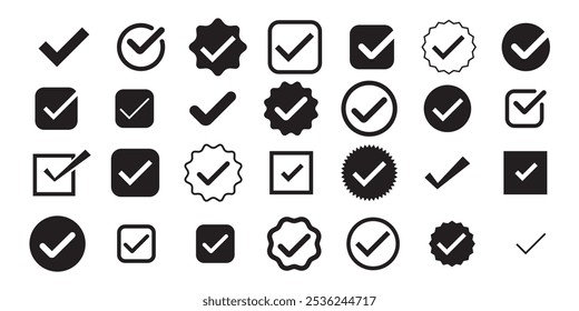 Check mark icons set. Black Tick badge set Account verification. Correct icons circle and square boxes label icons . Check mark vector label. elements isolated on white background.
