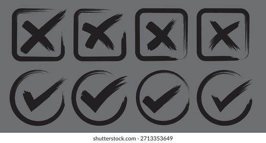 Marque los iconos establecidos. Marca de verificación de trazo de pincel negro, símbolos de tick, signos de lista de verificación. Signos de trazo de pincel Grunge. Diseño de marca de verificación Grunge. Sucio grunge golpe marca de verificación signo de Ilustración vectorial. EPS 10.