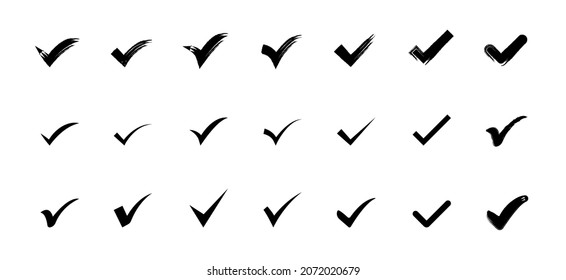 Marque los iconos establecidos, los signos de la lista de verificación, el botón de aprobación. Símbolos vectoriales negros, ilustración vectorial aislada en un fondo blanco.