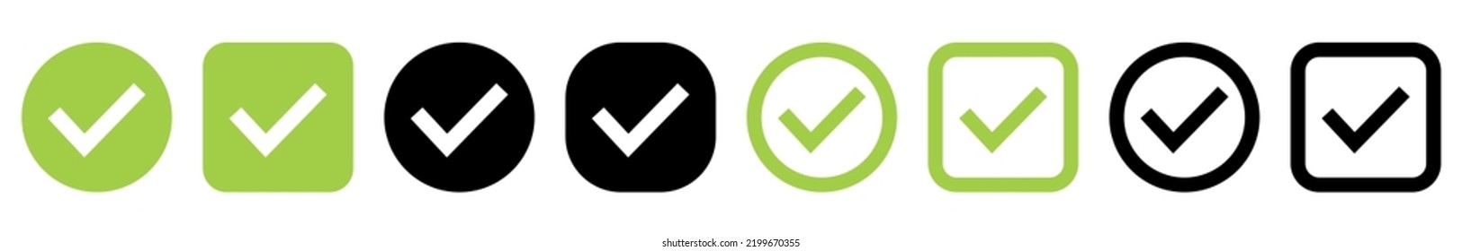 Check mark icons set. Circle and square. Approval check in black and green color. Vector illustration isolated on white background