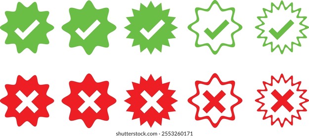 Check mark icons set. A collection of web button variants: green check mark and red cross. Set green approval check mark and red cross icons in circle and square