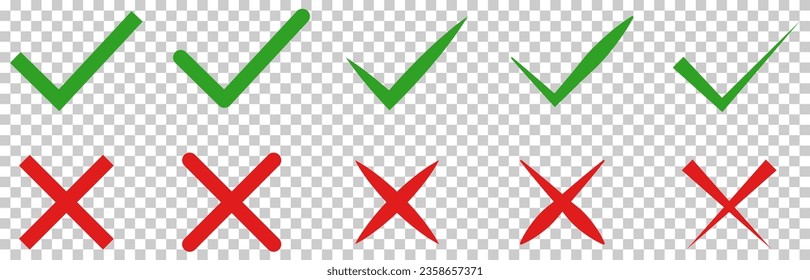 Check mark icons set. Check and cross symbol. Vector illustration isolated on transparent background