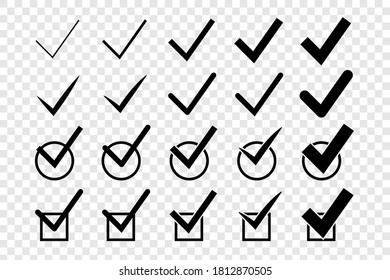 Marcar el conjunto de iconos. Diferentes variantes del signo de garrapatas aisladas en fondo transparente. Colección de vectores.