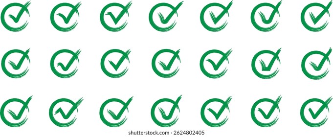 Markierungssymbole festgelegt. Grüne Pinselstriche, Häkchensymbole, Checklistenzeichen. Grunge Pinsel Strichzeichen. Grunge-Auswahlmarkendesign. Schmutziger farbiger Strich, Markierung, Vektorgrafik