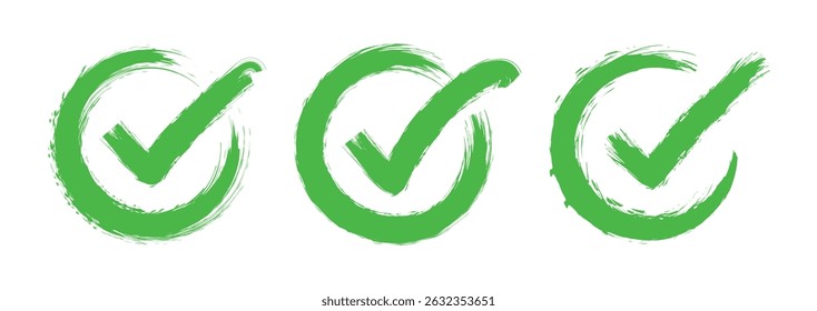 Ícones de marca de seleção definidos. Marca de verificação de traçado de pincel verde, símbolos de tique, sinais de lista de verificação. Design de marca de verificação Grunge. Símbolo de marca de seleção de traço grunge sujo vetor Art Illustration.