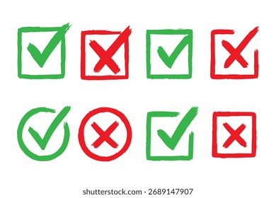 Marque los iconos establecidos. Marca de verificación de trazo de pincel verde, símbolos de marca, signos de lista de verificación. Signos de trazo de pincel Grunge. Diseño de marca de verificación Grunge. Sucio grunge golpe marca de verificación signo Ilustración vectorial