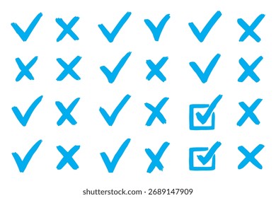 Marque los iconos establecidos. Marca de verificación de trazo de pincel verde, símbolos de marca, signos de lista de verificación. Signos de trazo de pincel Grunge. Diseño de marca de verificación Grunge. Sucio grunge golpe marca de verificación signo Ilustración vectorial