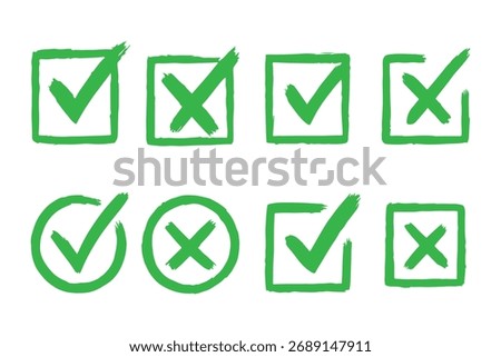 Check mark icons set. Green brush stroke check mark, tick symbols, checklist signs. Grunge brush stroke signs. Grunge checkmark design. Dirty grunge stroke checkmark sign vector illustration
