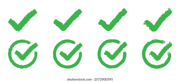 Check mark icons set. Hand-drawn checkmark illustration. Circle tick approved symbol.	