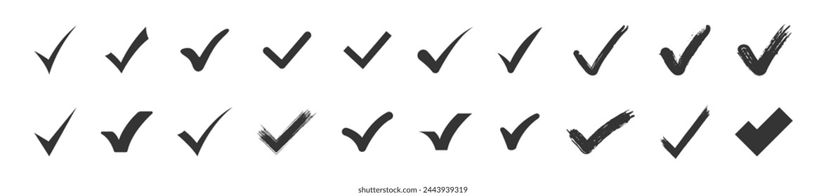 Check mark icons set. Check marks symbol collection. Check marks big collection. Tick icon. Check marks different shape, isolated