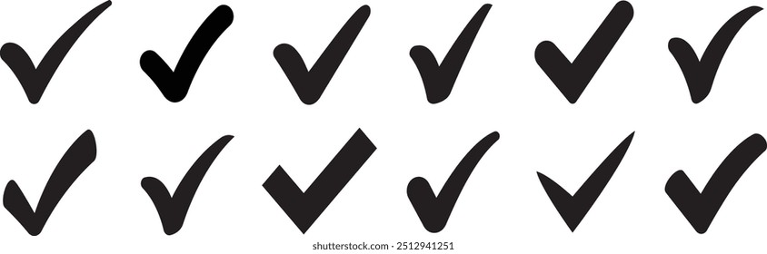 Marque los iconos establecidos. Marca de verificación símbolo colección. Sencilla marca de verificación. Icono de signo de calidad. Símbolos de la lista de comprobación. Estilo plano de comprobación de Aprobación - Vector de stock. 12 iconos de marca de verificación dibujados a mano para diseño de interfaz de usuario