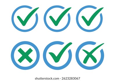 Marque los iconos establecidos. Marca de verificación símbolo colección. Marca de verificación simple. marca de verificación con el ícono de Casilla de verificación. Ilustración vectorial EPS 10