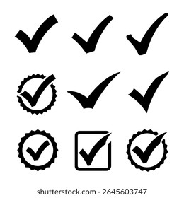 Ícones de marca de seleção definidos. Coleção de símbolos de marcas de seleção. Marca a coleção grande. Ícone de marca. Marcas de seleção de forma diferente, isoladas
