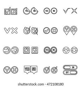 Check mark icons set in outline style. Yes and No set collection vector illustration