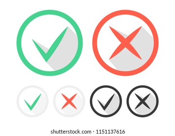 Check mark icons set. Tick and cross checkmarks icons with shadow. Vector illustration.