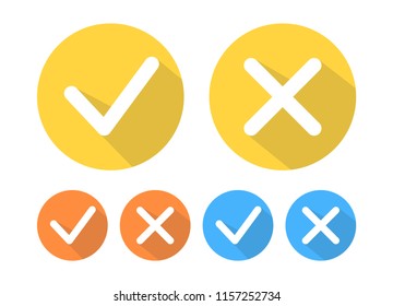 Check mark icons set. Tick and cross checkmarks icons with shadow. Vector illustration.