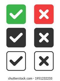 Marcar el conjunto de iconos. Marcar y cruzar símbolos. Botones con marca de verificación y cruz. Marcas aisladas en el fondo blanco. Ilustración del vector