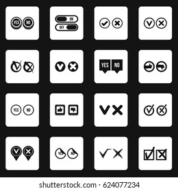 Check mark icons set in white squares on black background simple style vector illustration