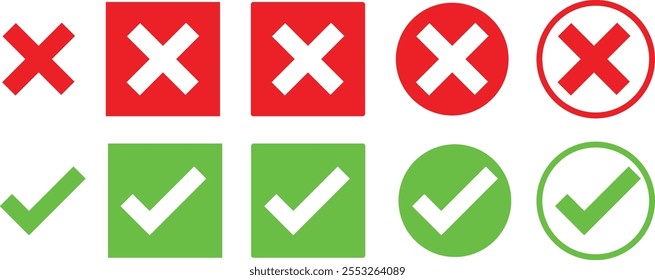 Check mark icons set.A collection of web button variants: green check mark and red cross. Set green approval check mark and red cross icons in circle and square icons