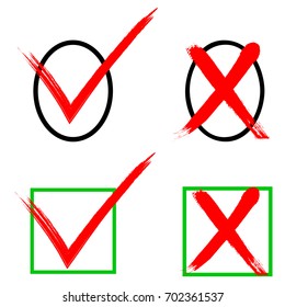 Check Mark Icons in Square & Ellipse Boxes Painted with Brush Isolated on White Background
