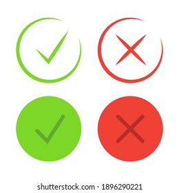 Markierungssymbole markieren. dünn. Symbole der Genehmigung und des Abbaus. Markieren Sie grüne Farbe und lehnen Sie das Symbol in roter Farbe ab. Vektorgrafik einzeln auf weißem Hintergrund