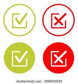 Check mark icons. Thin line. Symbols of approving and declining. Check tick in green color and reject symbol in red color. Vector illustration