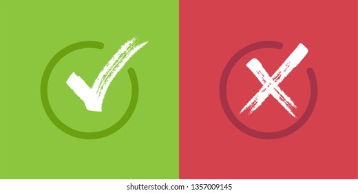 Check mark icons, tick and cross in grunge style. Hand drawn with brush.
