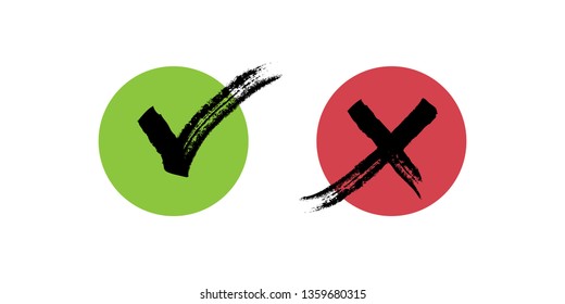 Check mark icons, tick and cross in grunge style. Hand drawn with brush.