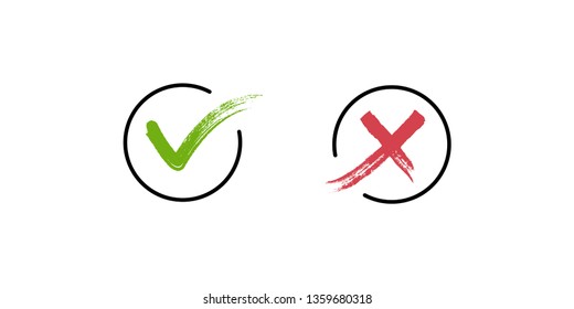 Check mark icons, tick and cross in grunge style. Hand drawn with brush.