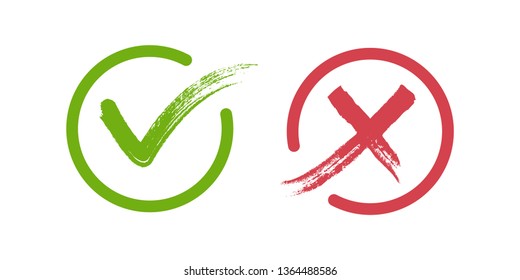 Check mark icons, tick and cross in grunge style. Hand drawn with brush.