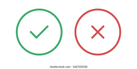 Check mark icons. Tick and cross. Circle symbols YES and NO button for vote