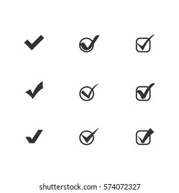 Check mark icons. Ticks. Set of Nine Icons. Vector black confirm icons set