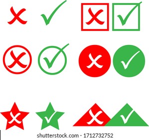 Check Mark Icons, Variations of ticks and Cross in Square, Circle, Star,Triangle Shape, Right, Wrong Choice set 