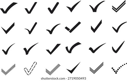 Häkchensymbole, Vektorgrafik verschiedener schwarzer Teilstriche und Bestätigungszeichen einzeln