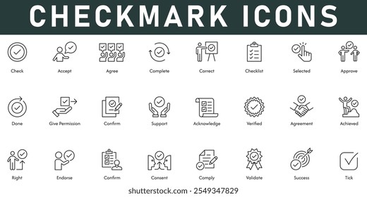 Marcar Iconos Ilustración vectorial con trazo editable de línea fina contiene aceptar aceptar lista de comprobación correcta completa aprobar éxito validar consentimiento confirmar aprobación correcta Asistencia lograda