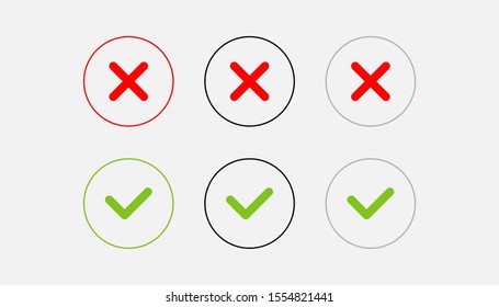 Check mark icons. Vector line icons set. Green tick and red and other options cross checkmarks isolated on white background. Thin line design