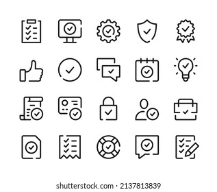 Check mark icons. Vector line icons set. Approve, tick, quality control concepts. Outline symbols, linear graphic elements. Modern design