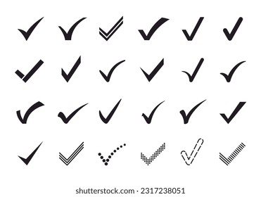 Check mark icons. Verification and approval marks, correct answer sign and tick checkmarks vector symbol set. Choosing option in survey or test, accept or agree elements of various shapes