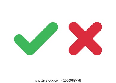Check mark icons for web. Checkmark X symbols on white isolated background. Check mark signs in green and red colors. Yes no web buttons. Vector illustration