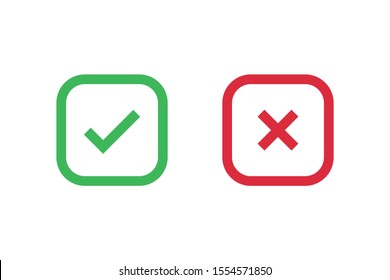 Check mark icons for web. Checkmark X symbols on white isolated background. Check mark signs in green and red colors. Square symbols elements. Yes no web buttons. Vector illustration
