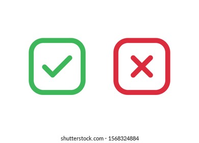 Check mark icons for web. Checkmark X symbols on white isolated background. Check mark signs in green and red colors. Square symbols elements. Yes no web buttons. Vector illustration