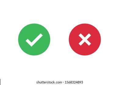 Check mark icons for web. Checkmark X symbols on white isolated background. Check mark signs in green and red colors. Circle symbols elements. Yes no web buttons. Vector illustration
