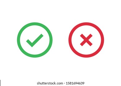 Check mark icons for web. Checkmark X symbols on white isolated background. Check mark signs in green and red colors. Circle symbols elements. Yes no web buttons. Vector illustration