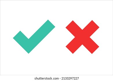 Check mark icons for web. Checkmark X symbols on white isolated background. Check mark signs in green and red colors. Yes no web buttons. Vector illustration