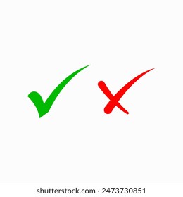 Check mark icons for web. Checkmark X symbols on white isolated background. Check mark signs in green and red colors. Square symbols elements. Yes no web buttons. Vector illustration